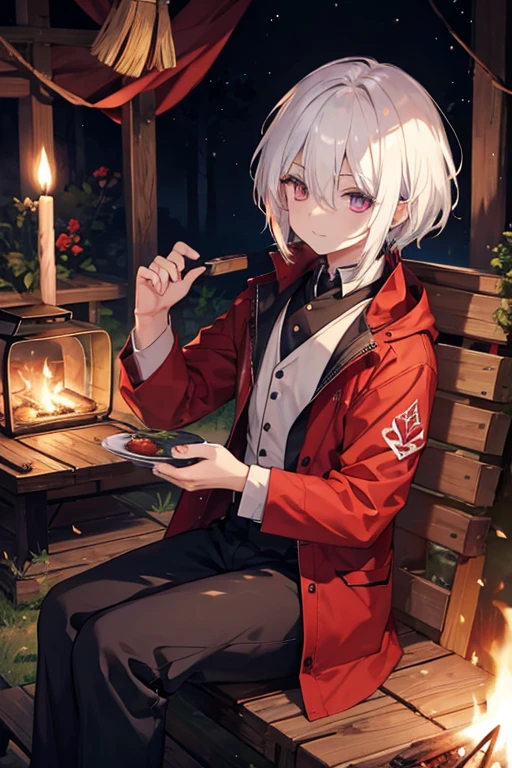 A white haired man with ruby eyes is sitting by the campfire