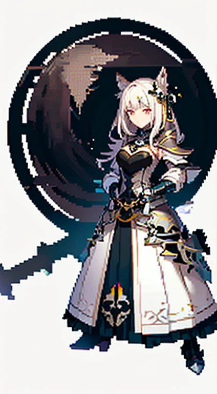 Pixel art close-up of a woman holding a sword, from Ark Night, Ark Night, kirokaze pixel art, Light black armor, Armor girl, gear aurora, shadow poetry style, White-haired God, Genshin, But the armor hid her face, Black, Priest, white armor, Bravely Default to Inspiration, intricate white armor