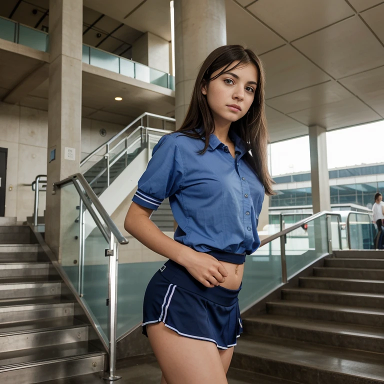 Short brunette girl blue eyes wearing school uniform, subiendo escaleras falda corta, Small, girl, hermosa, cuerpo completo, subiendo escaleras, de la mano junto a su madre, 13-year-oldemaatraca, sexy,, de espaldas, agachada, en el aeropuerto con aviones