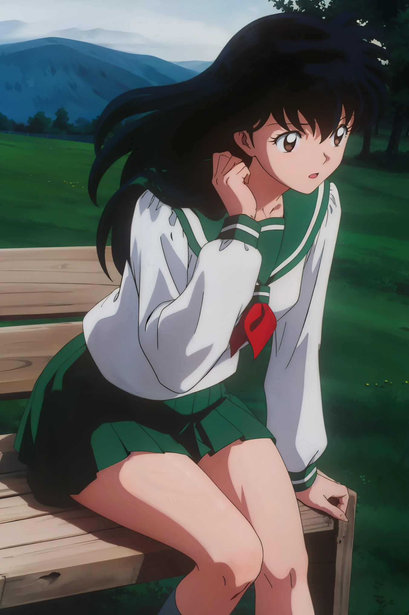 an anime woman sitting on top of a wooden bench with her hair up, 1girl, solo, outdoors, long hair, brown eyes, school uniform,(Masterpiece: 1.6, Best Quality), (Fine Beautiful Eyes: 1.2), (best quality, masterpiece, higher), green school uniform, soft thighs , long sleeves, white socks, scenery , Best Quality, ((anime)) ((Colored)) HD, Kagome Higurashi ,school uniforms, Standing, Green skirt, Red scarf, long hair, Black hair between the eyes, Thighs are soft, school background , black hair, skirt, green skirt, serafuku