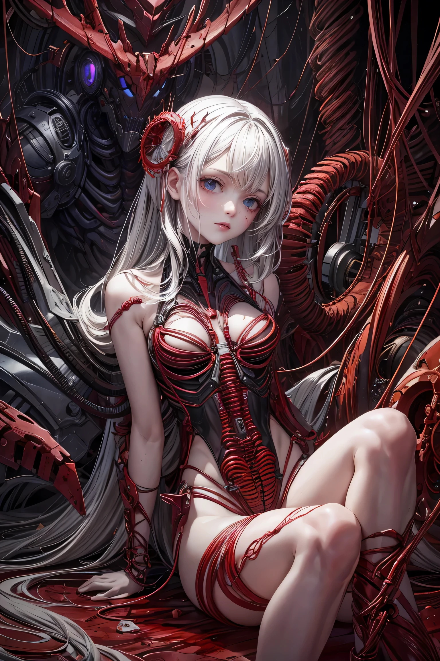 (((masterpiece))), ((highest quality)), (Super detailed), (CG illustration), (so evil and beautiful)), cinematic light, ((1 Mechanical Girl)), single, (Mechanical Art: 1.4), ((mechanical limbs)), (Blood vessel attached to a tube), ((mechanical spine attached to the back)), ((Mechanical cervical vertebrae attached to the neck), (Back to the viewer)), Expressionless, ( Wires and cables attached to head and body: 1.5), SF, Apocalypse, Remains, (Lower body integrated with mechanical equipment), (Blood: 1.5), cruelty, disorganized, eroticism, Fusion with machinery, Doomsday Time, Super Future, Inorganic, Research room, restraint, (beautiful luxury: 1.2), (1 girl: 1.3), Body wrapped around mechanical tentacles