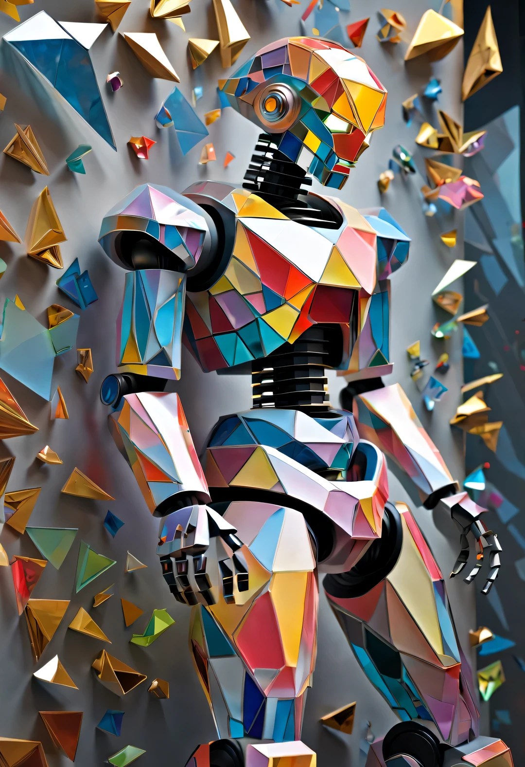 Half-body confetti robot invader bursts out of the wall, Cracked glass, fantasy, Science fiction, low polygon, Cubism and paper cutting were created by Charles and Ray Eames,Paper,Stylish photography style,star confetti,heart shaped confetti,gold ribbon confetti,