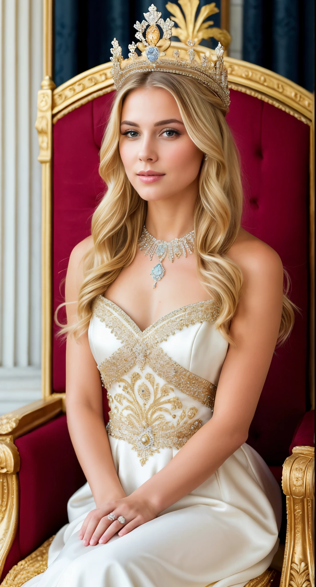 ((best quality)), ((masterpiece)), (detailed), perfect face, a woman blonde hair wearing crown and elegan royal dress sitting on the royal throne