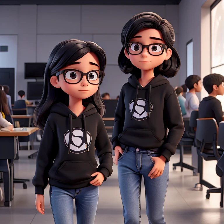 Descreva a cena de um jovem com lentes, wearing a black sweatshirt and jeans, located in a technology laboratory