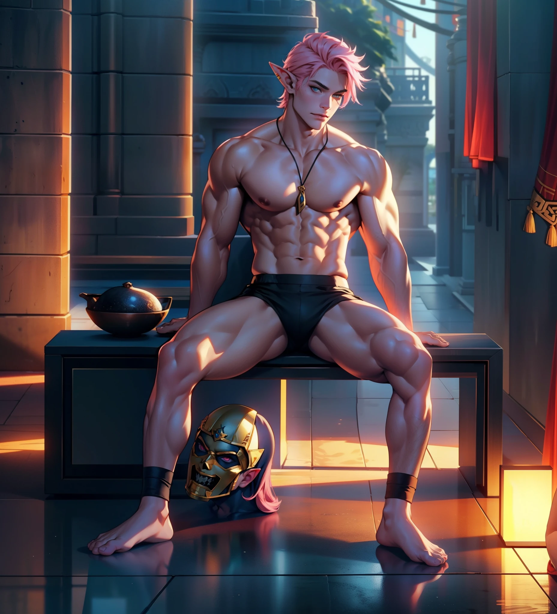 Elf, Elf ears, pele branca,Best quality at best,Dadalya(Impacto Genshin , sem camisa,Bowed muscleulging of the pectoral muscle,Aboco masculino,1st grade,Olhos azuis,luva branca,sozinho,pink hair,olhos azuis e vermelhos,cabelo entre os olhos,((Virilha Saliente)),sexy,(master part, best quality),(sem camisa, peitoral),auto-seguro,Divirta-se,expression serious, coroa