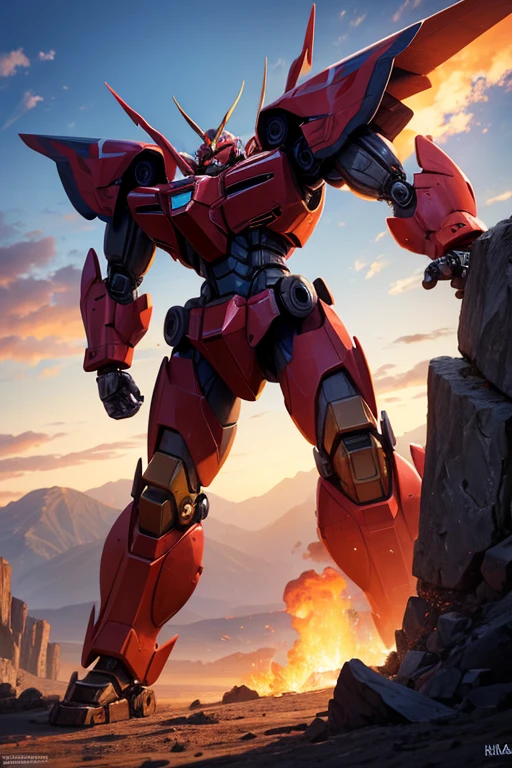 (best quality,4k,8k,highres,masterpiece:1.2),ultra-detailed,(realistic,photorealistic,photo-realistic:1.37),a close-up of a toy robot in red and black attire,mecha action character,invincible iron giant,Gurren Lagann,Gundam,full-body mecha suit,black mecha,Barbatos Mobile Suit,a frontal view of the whole body,gigantic mecha robot,huge and highly detailed,anime action character
