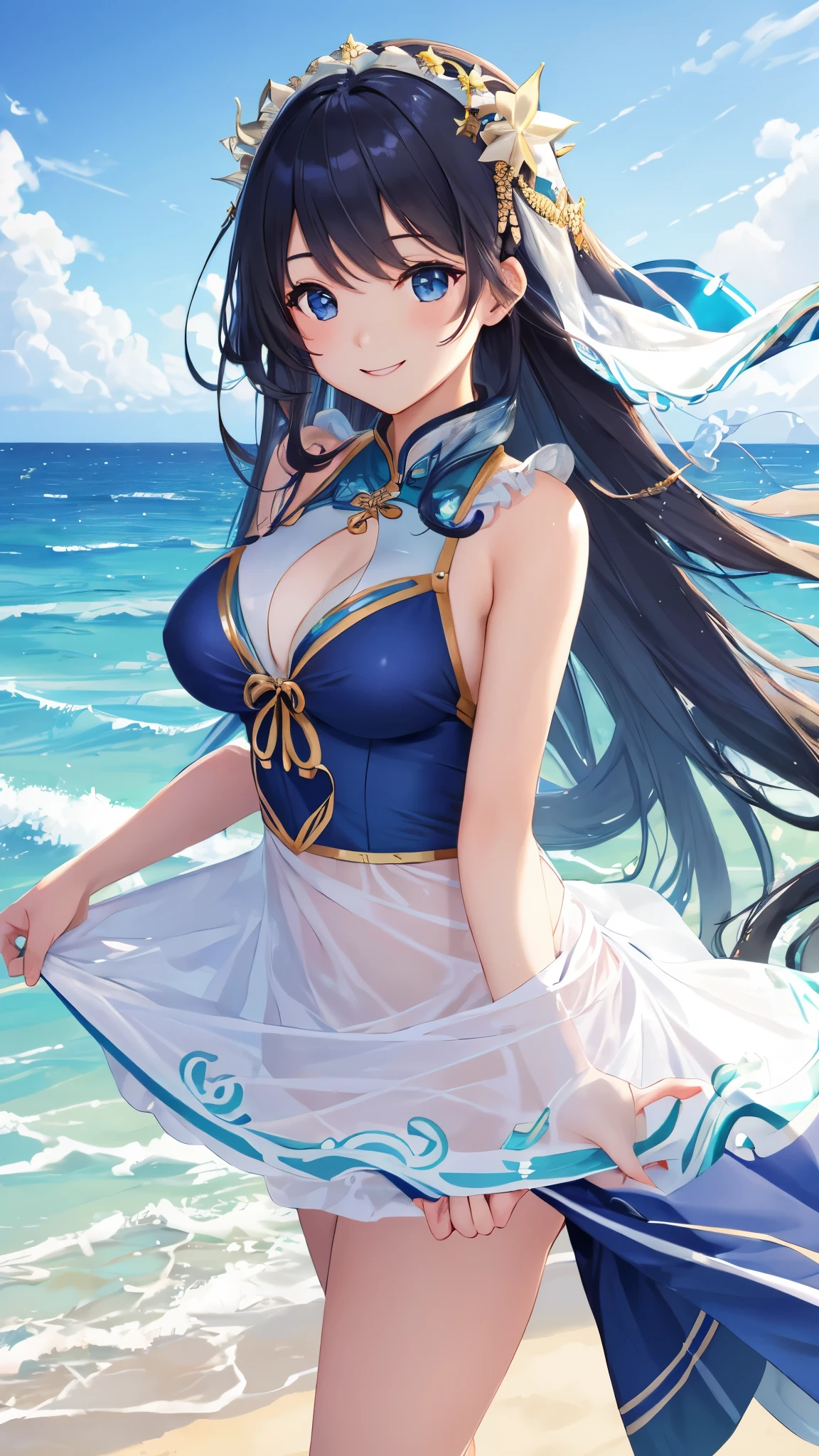 ((best quality)), ((masterpiece)), (detailed), perfect face, girl, long hair, 热带Ocean滩主题,Smile,Ocean,swimsuit