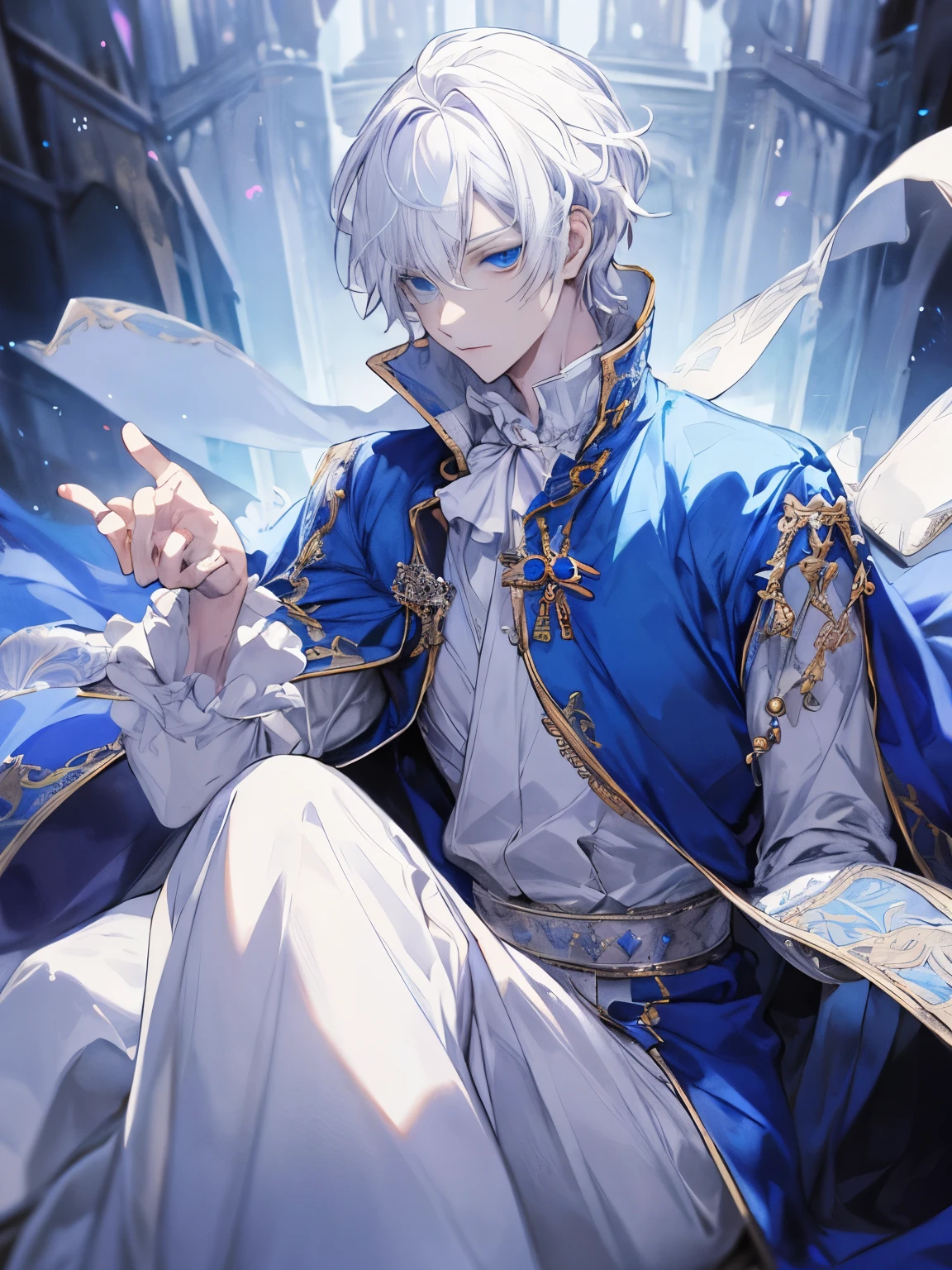Fantasy, prince, white hair, blue eyes, boy, staring coldly, royalty, elegant clothes