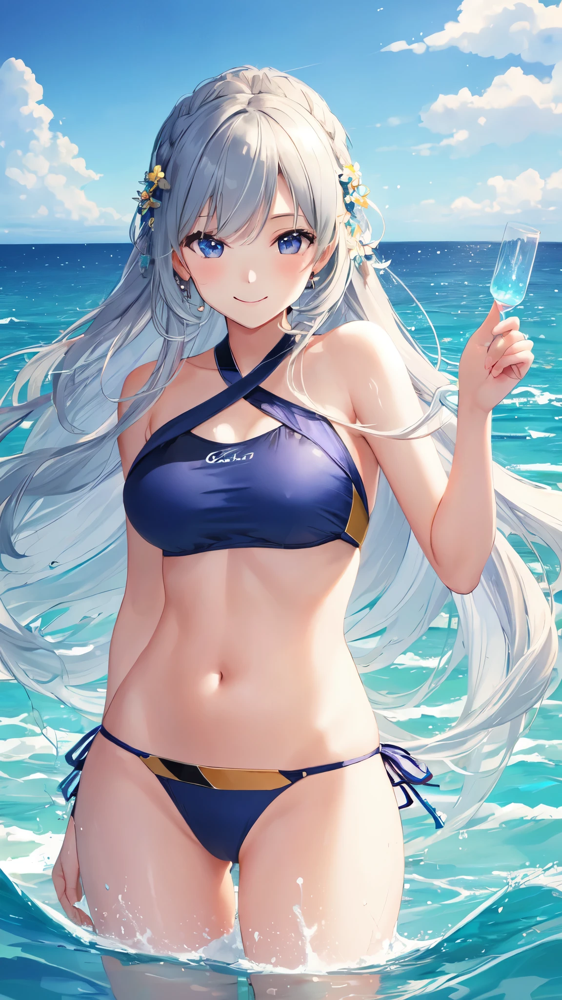 ((best quality)), ((masterpiece)), (detailed), perfect face, girl,  long hair, 热带Ocean滩主题，Smile，Ocean，swimsuit