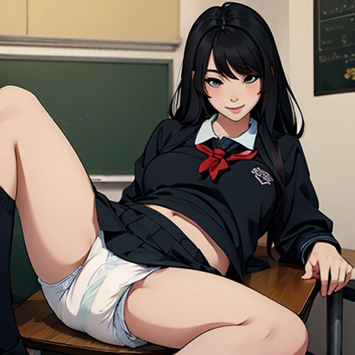 cute kpop girl, pee diaper, wet diaper, school uniform, smile, long hair, black hair, classroom, desk, skirt, realistic