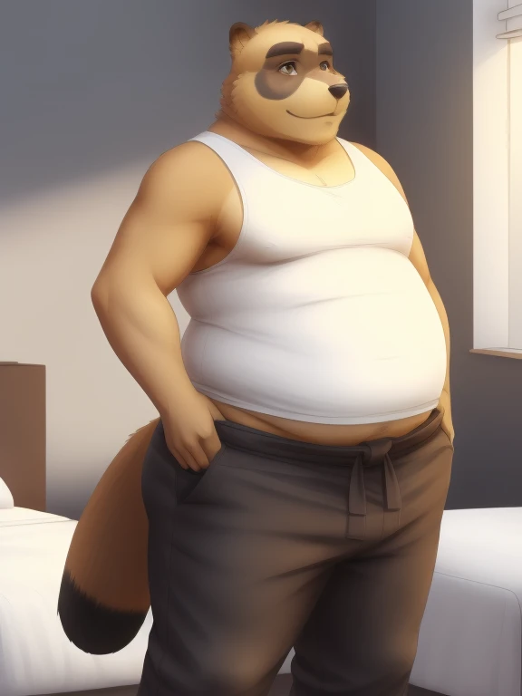 (obese, overweight, anthro, male),(detailed eyes, detailed face), (Mr kuri, two-tone fur, brown snout, brown mouth, tanuki, old man), (flat shading, flat color, high brightness), (white tank top, brown pants, clothes around waist), standing, (arms behind back), smile (konzaburou, ukan_muri, cute), bedroom, (soft shading), masterpiece, (full body)