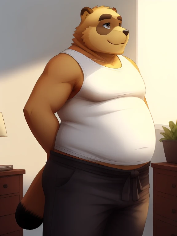 (obese, overweight, anthro, male),(detailed eyes, detailed face), (Mr kuri, two-tone fur, brown snout, brown mouth, tanuki, old man), (flat shading, flat color, high brightness), (white tank top, brown pants, clothes around waist), standing, (arms behind back), smile (konzaburou, ukan_muri, cute), bedroom, (soft shading), masterpiece, (full body)