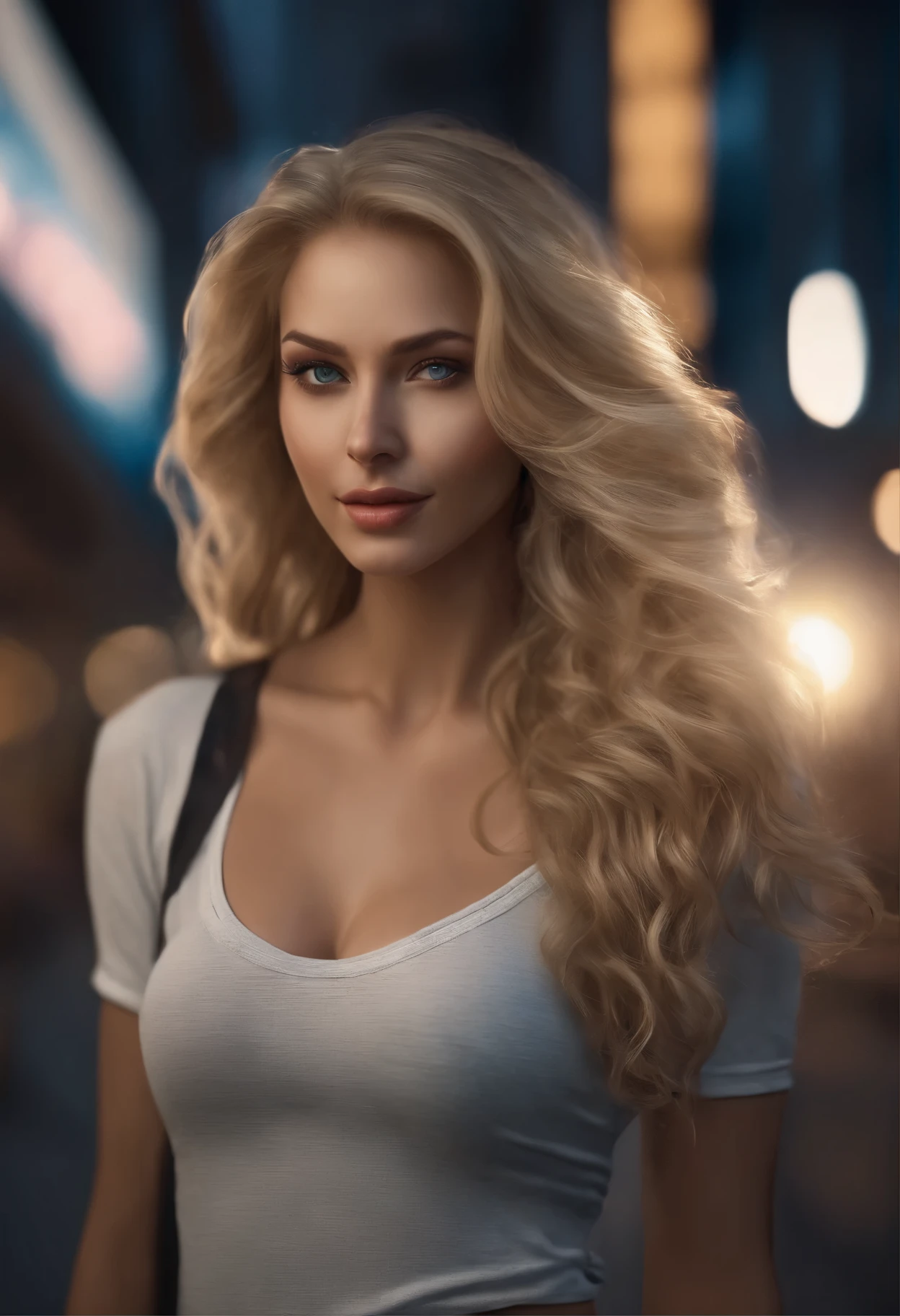 gorgeous woman with extra long wavy blonde hair, detailed alluring eyes, long legs, wearing jeans, t-shirt, ((detailed facial features)), (finely detailed skin), pale skin, realistic skin texture, extreme skin details, (pores:0.1), in the background beautiful futuristic cyberpunk city, best quality masterpiece, photorealistic, hyperrealistic, detailed, 8k, HDR, (Soft color: 1.2), shallow depth of field, broad light, high contrast, backlighting, bloom, light sparkles, chromatic aberration, sharp focus, RAW color photo
