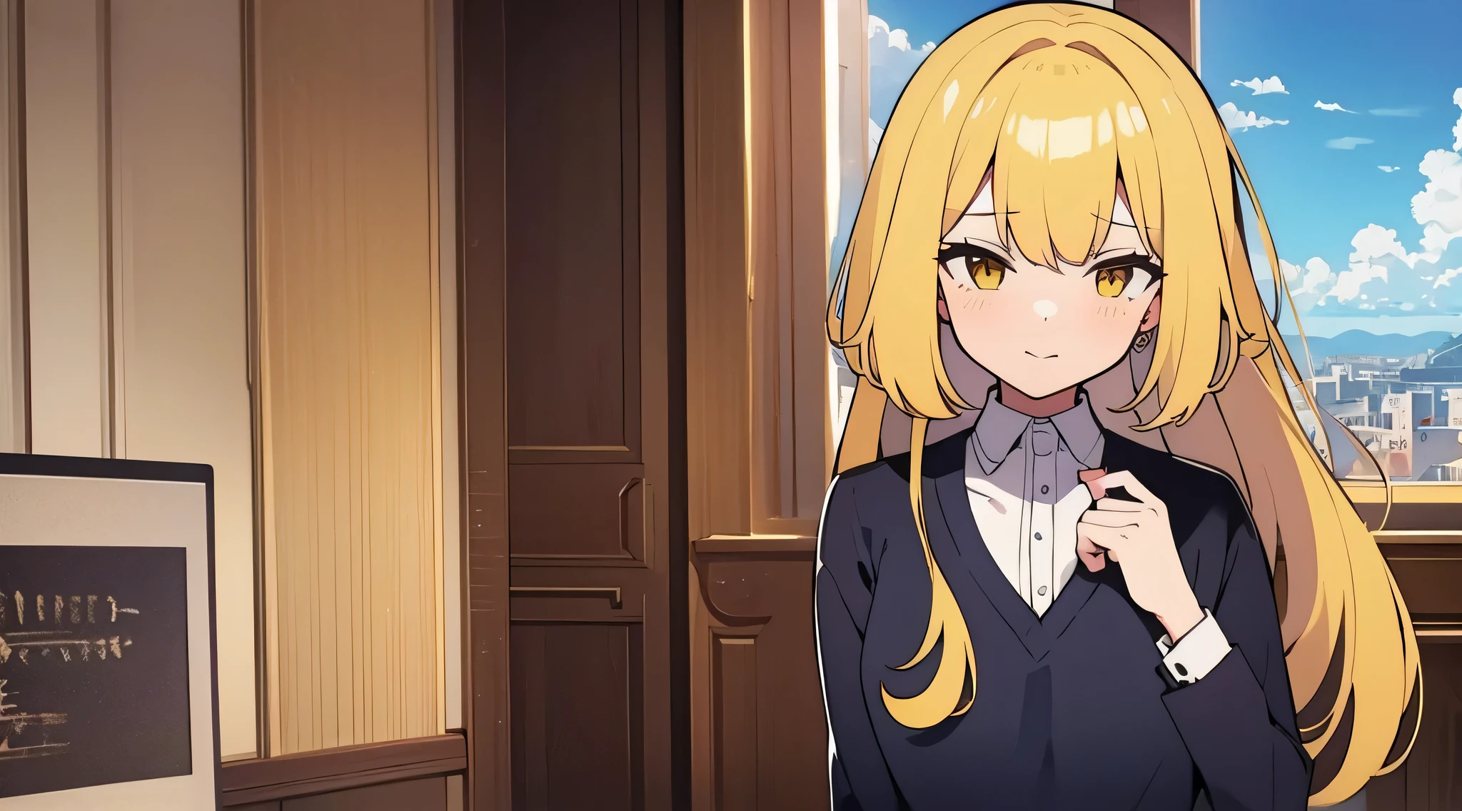 Draw a girl with natural yellow hair color, dressed in school uniform in the palace.
