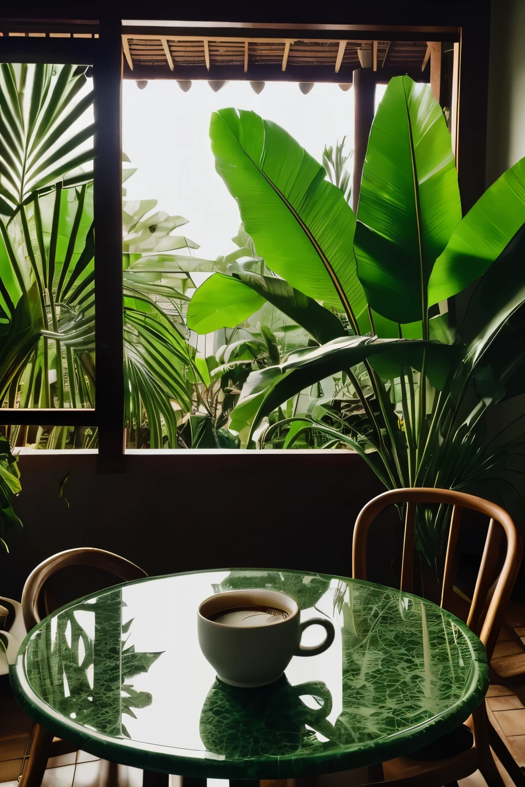 cafe interior, table and chairs, coffee cup, coffee maker,  tropical style, green ceramics, plant, flower, mirror, glass, banana leaf,  lens flare, dim light, epic, bali, dramatic light, 