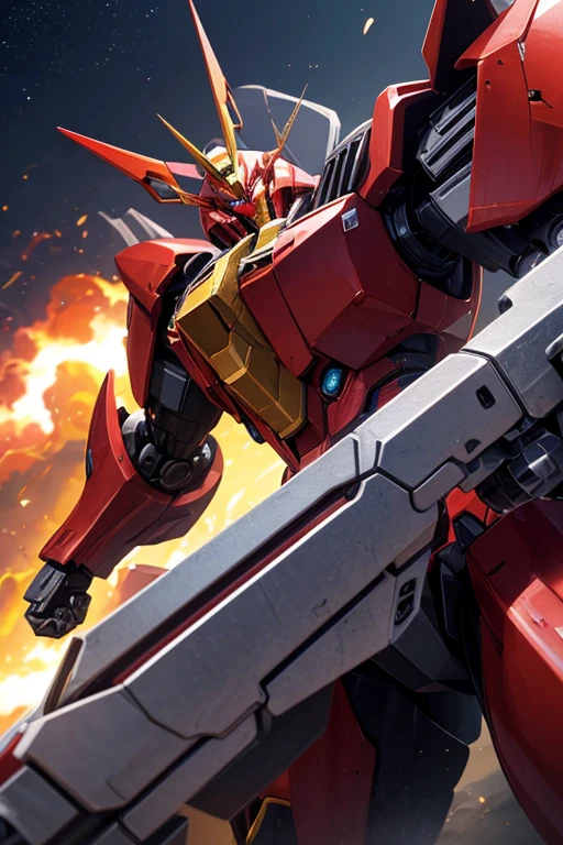 (best quality,4k,8k,highres,masterpiece:1.2),ultra-detailed,(realistic,photorealistic,photo-realistic:1.37),mecha suit,powerful robot,invincible metallic body (with red and black attire),Gurren Lagann,Gundam robot,Gundam model,Barbatos Mobile Suit,close-up of the whole body,detailed front view,massive mecha robot,huge and highly detailed,anime action character,colorful lighting