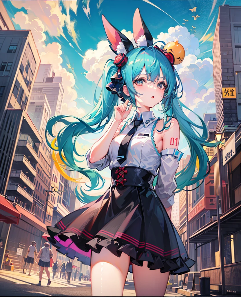 Hatsune Miku,温柔of眼神,飘动of头发:1.3,place one's arms behind one's back,summer beaches、可爱of,tight black dress,medium breasts,Off the shoulders,White clouds and blue sky,绿色of: 1.5, orange: 1.1, 白色of: 1.3, of: 1.3, , post apocalyptic world, tattoo, (lupas pufferfish: 1.2), Giant machines, misterburn, Wire, part, Action pose
