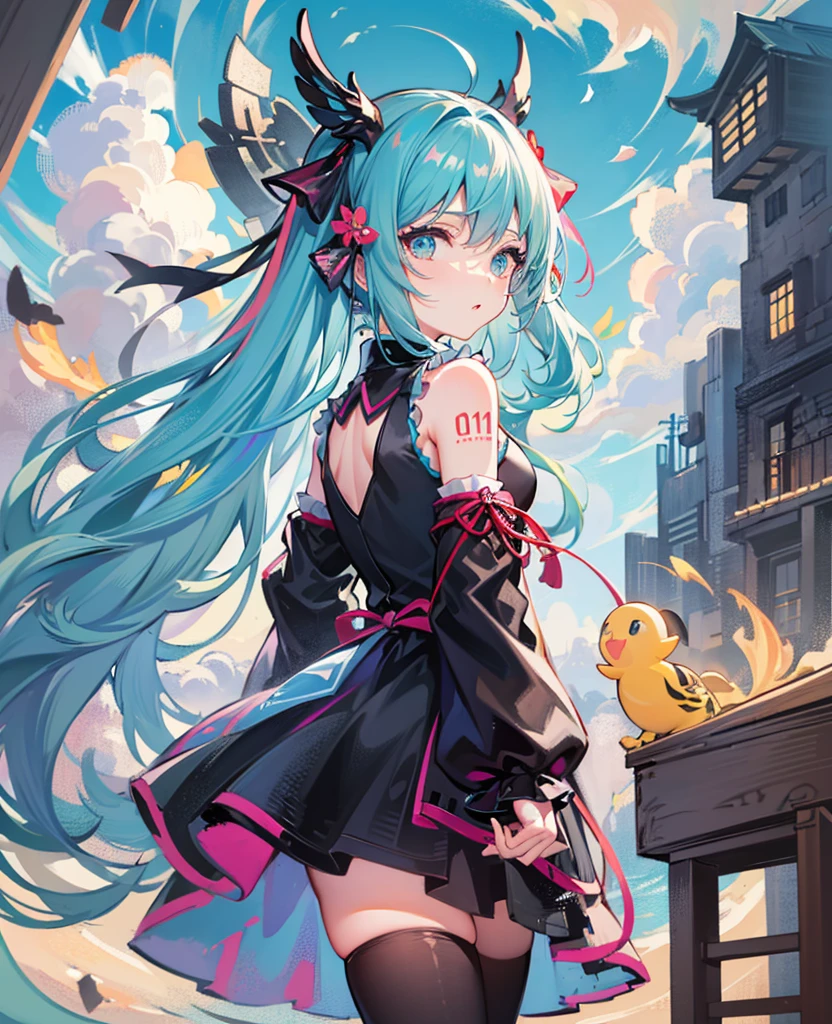 Hatsune Miku，温柔of眼神，飘动of头发:1.3，place one's arms behind one's back，summer beaches、可爱of，tight black dress，medium breasts，Off the shoulders，White clouds and blue sky，绿色of: 1.5, orange: 1.1, 白色of: 1.3, of: 1.3, , post apocalyptic world, tattoo, (lupas pufferfish: 1.2), Giant machines, misterburn, Wire, part, Action pose