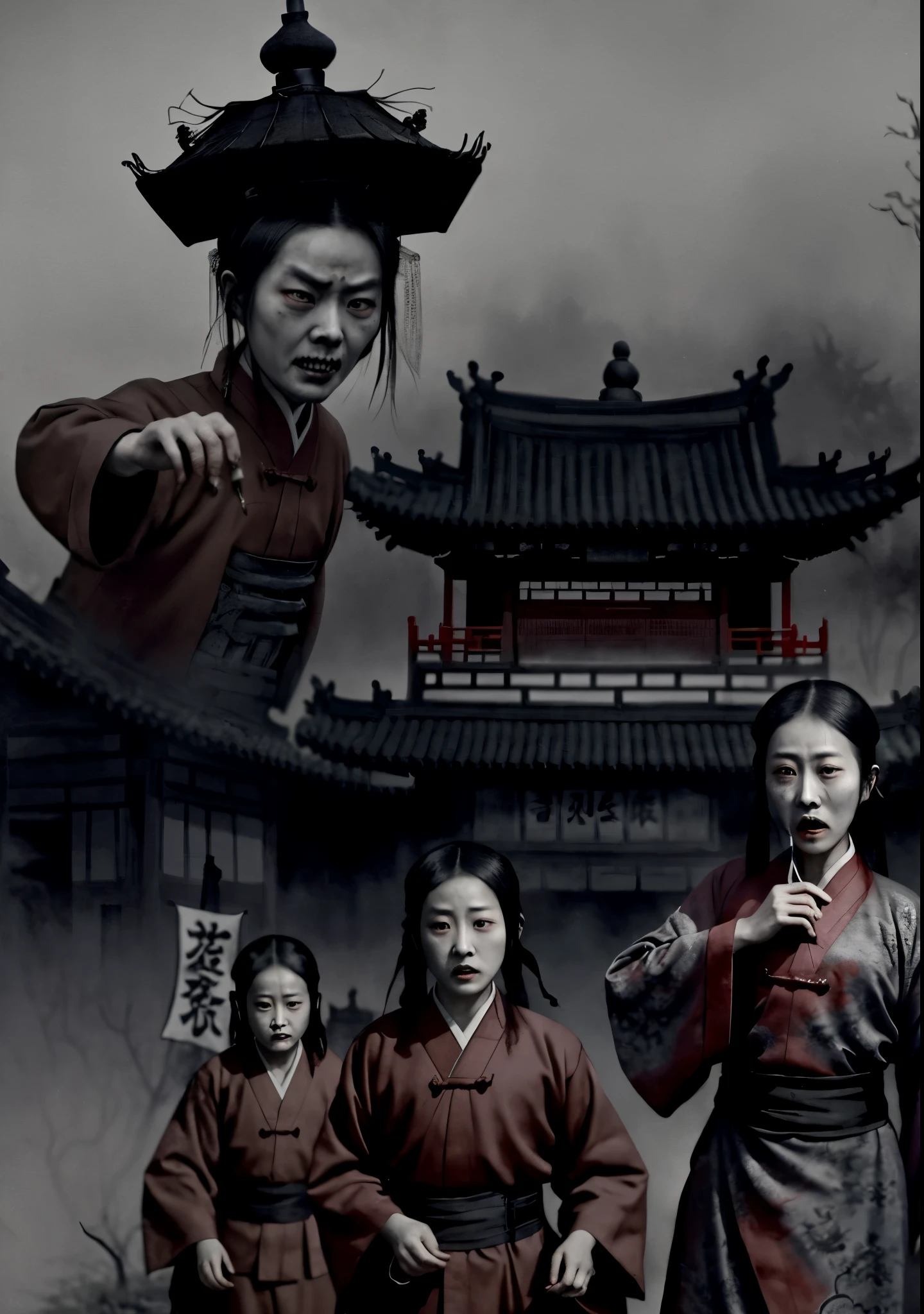 A terrifying Qing Dynasty zombie stands at the center with arms stretched out at a 90-degree angle, glaring menacingly forward. The zombie is adorned with a Zombie_hat. The surroundings are dimly lit, showing the faint glow of a small town. The color palette is dark and ominous, creating an atmosphere of fear. The overall composition reflects an Asian horror movie poster with elements of ink wash painting and traditional Chinese aesthetics.