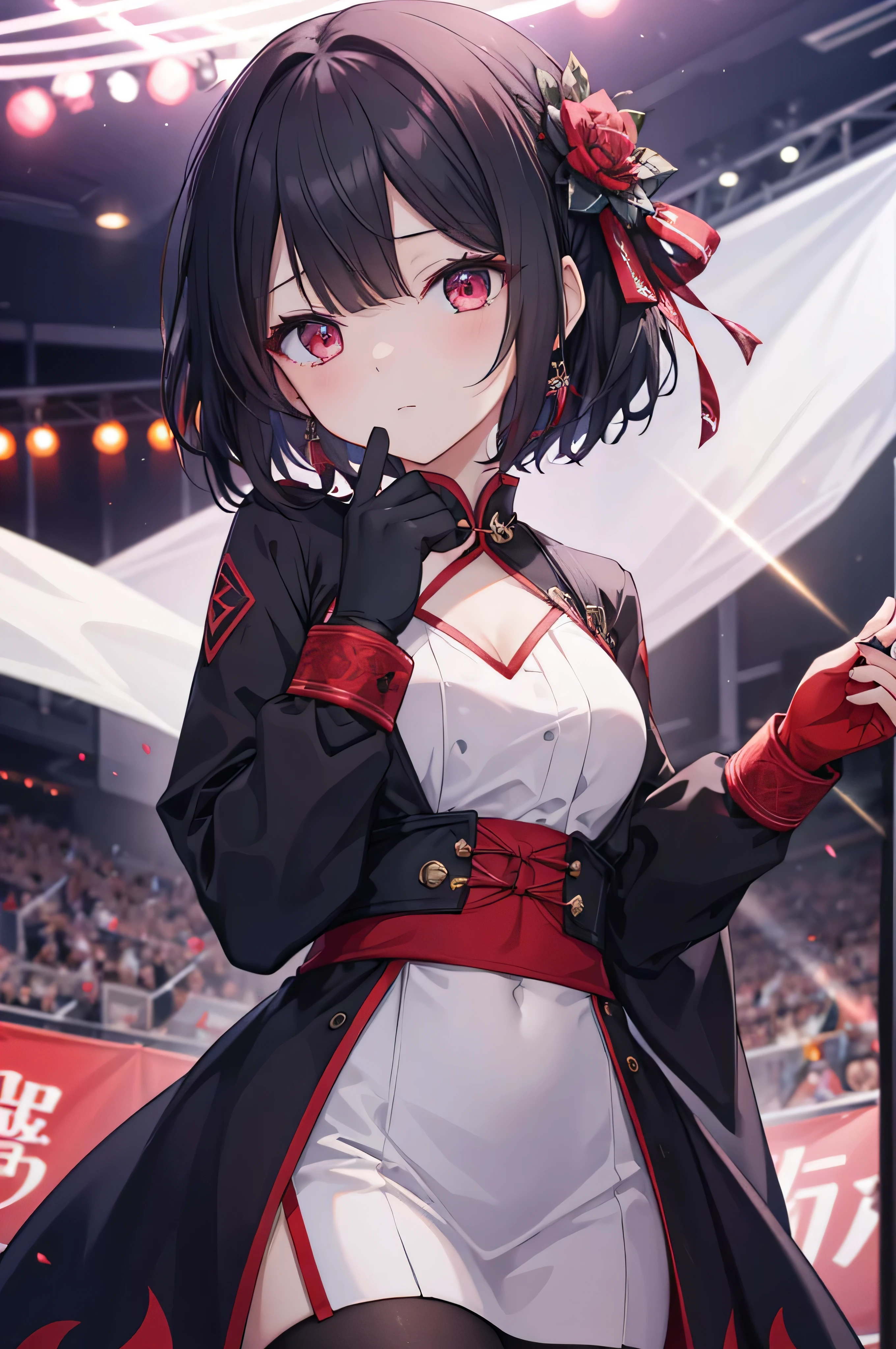 A human girl,Female figure slim and slender,female face,Expressionless expression,short black hair,red highlighter,red eyes,There are bright spots in the eyes,female hands,newbie,normal finger,Wearing black transparent long-sleeved gloves,Wearing gorgeous idol costumes,singing on stage,masterpiece,Exquisite and delicate的二次元精美画风,Exquisite and delicate,8K high quality,CG wallpaper,HD,alone,tomorrow ark风格,tomorrow ark,Wearing gorgeous idol costumes