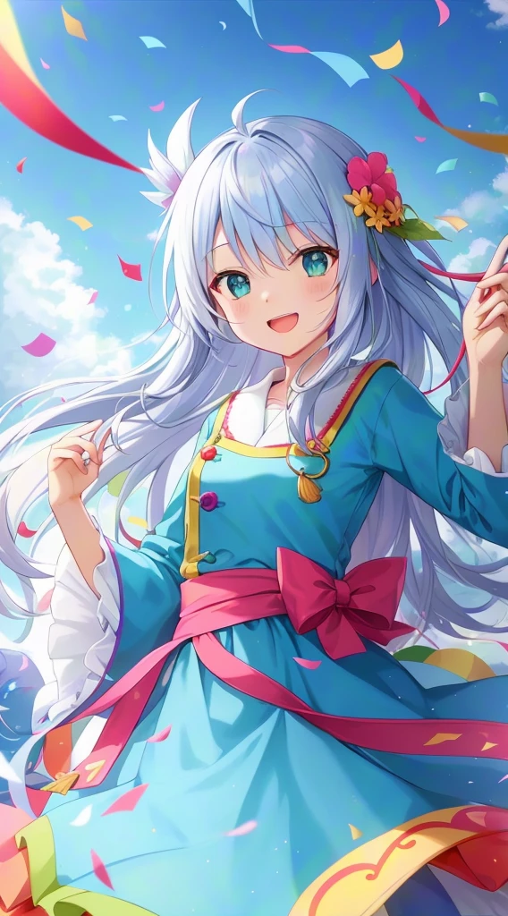 a girl, unique birthday day, fun games and performances, colorful confetti falling from the sky, unexpected surprises