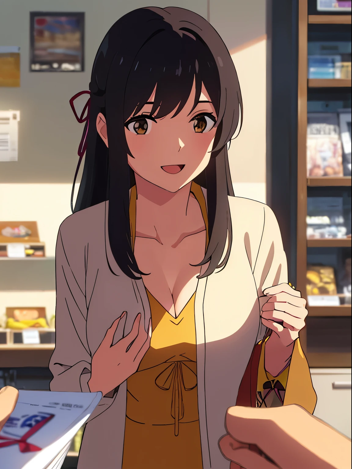 shinkai makoto, kimi no na wa., 1girl, bangs, black hair, brown eyes, open mouth :D, Twisted Half Up, red ribbon, long hair, long sleeve light yellow cardigan, open shirt, yellow shirt, cleavage, breast, medium breast, Orange shirt, name tag written "LUMINE Miyamizu", looking at the viewer, indoors, jewelry products, jewelry shop, jewelry saleswoman, indoors, mall, masterpiece, perfect anatomy, cowboyshot, POV (POV boy's hands holding girl's chest POV)