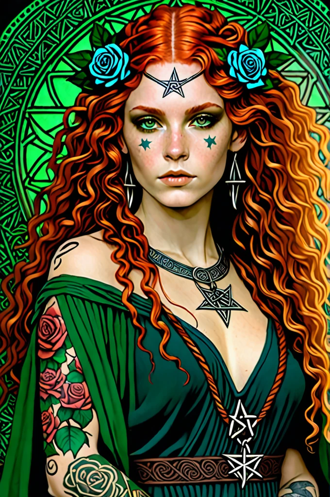 qualidade absurda. natural lightting. hiper-realismo. Fantastic illustration. Redhead girl with long curly hair and rose tattoos on shoulders and forearms, vestindo vestido branco, scarf in hair, pentagram pendant on neck. Ela tem um olho de cada cor: Verde o direito, azul o esquerdo. estilo bruxa, heathen, viking, na proa de um draccar que cruza um rio envolto em brumas. Estilo medieval, former Scotland, Avalon, Fifth-century.