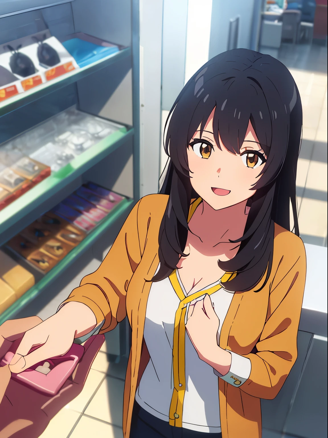 shinkai makoto, kimi no na wa., 1girl, bangs, black hair, brown eyes, open mouth :D, Twisted Half Up, red ribbon, long hair, long sleeve light yellow cardigan, open shirt, yellow shirt, cleavage, breast, medium breast, Orange shirt, name tag written "LUMINE Miyamizu", looking at the viewer, indoors, jewelry products, jewelry shop, jewelry saleswoman, indoors, mall, masterpiece, perfect anatomy, cowboyshot, POV (POV boy's hands holding girl's chest POV)