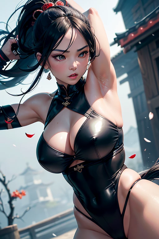 oriental ninja girl,leather clothes,big tits,detailed eyes and face,detailed lips,extremely detailed eyes,beautiful detailed eyes,beautiful detailed lips,long eyelashes,exquisite facial features,graceful and agile movements,mysterious aura,confident and strong posture,masked face,fierce and determined expression,dark and intense color tones,high contrast lighting,sharp focus,ultra-detailed artwork,photorealistic style,vivid colors,light and shadows creating depth and dimension,meticulous attention to detail,medium: oil painting,textured brushstrokes,portraits,traditional oriental martial arts,rogue ninja character,traditional Japanese elements,authentic traditional clothing,thick black leather outfit,ornate mask,ornamental hair accessory,flowing long hair,traditionally styled katana,action-packed scene,strong and dynamic pose,background: serene moonlit garden,traditional Japanese garden elements,blossoming cherry trees,falling sakura petals,subtle mist and fog,quiet and serene atmosphere,[mysterious] ninja vanish,[dynamic] action shots,[subtle] atmospheric details,(best quality,4k,8k,highres,masterpiece:1.2),ultra-detailed,realistic:1.37