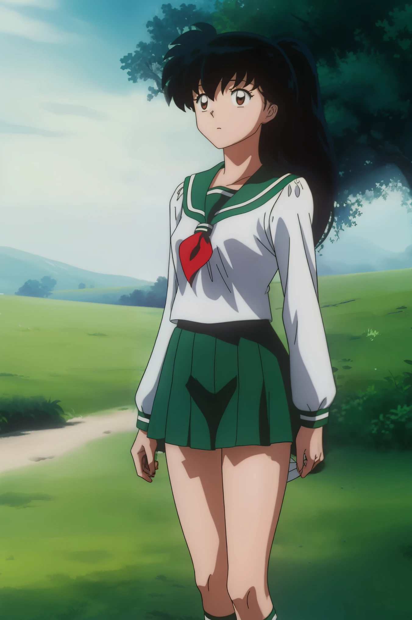 an anime woman standing on  with her hair up, 1girl, solo, outdoors, long hair, brown eyes, school uniform,(Masterpiece: 1.6, Best Quality), (Fine Beautiful Eyes: 1.2), (best quality, masterpiece, higher), green school uniform, soft thighs , long sleeves, white socks, scenery , Best Quality, ((anime)) ((Colored)) HD, Kagome Higurashi ,school uniforms, Standing, Green skirt, Red scarf, long hair, Black hair between the eyes, Thighs are soft, school background , black hair, skirt, green skirt, serafuku