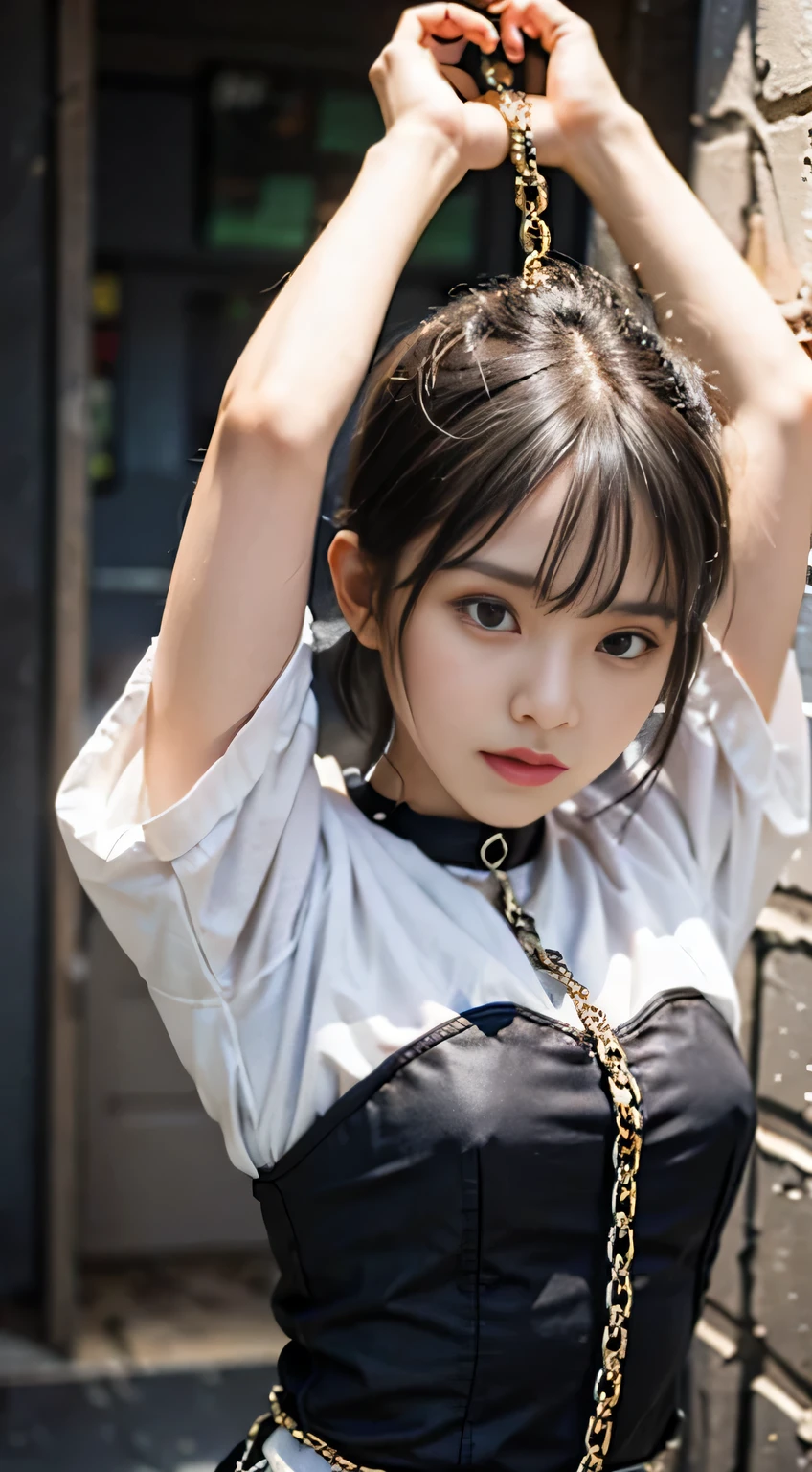 (Chain binding:1.2)、obedience、hang、spreading arms widely、raise your hand、(dark shot:1.2)、twin tails、(intricate details:1.12)、(intricate details、hyper detail:1.15)、dungeon、(night:1.2) )、fireplace、warm light、dramatic light、like a movie、(Close-up:1.2)、bondage、BDSM、BDSM dungeon、transformation、restraint、tied up、tied up、restraintされた腕、restraintされた手、完全にrestraintされた、restraintされた体、鎖でrestraintされた、 tied up手, black hair, open your mouth, slight smile, bdsm costume, hardcore bdsm, slave, short hair, 1 girl, solo