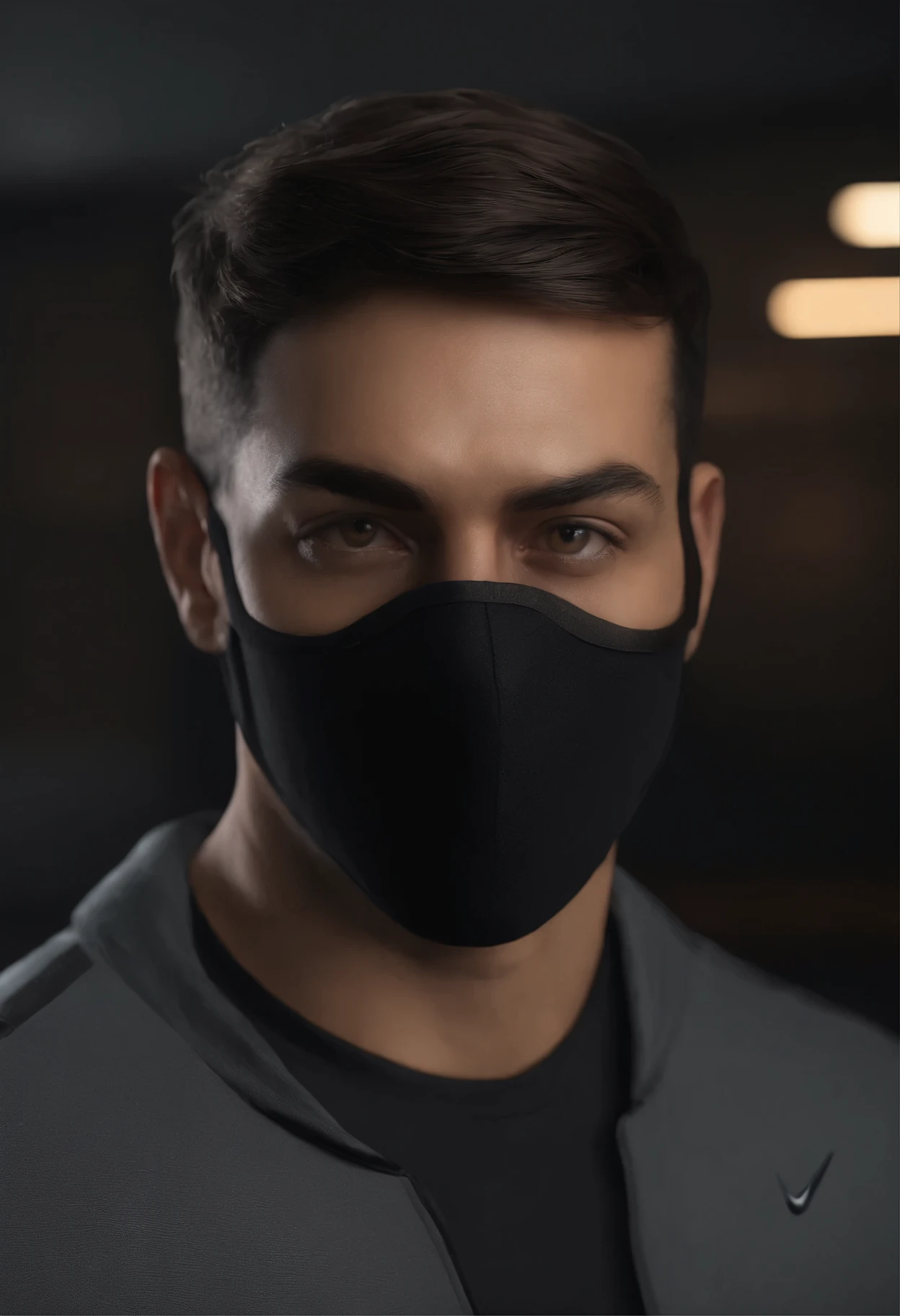 Realistic image of a man of age 28 years with black mask with a Nike logo on mask, facing the camera, brown short hair, glowing eyes, no shadows on face, proper lighting on face from all directions, close-up, straight facing the camera,8k, ultra realistic, unreal engine , portrait, straight facing the lens, self