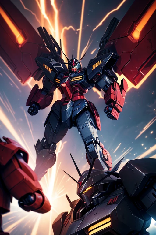 (a toy robot wearing a red and black outfit, close-up shot), (action figure, mech, invincible iron giant, Gurongragan, Gurren Lagann, GAT-X105 Strike Gundam, full-body mech suit, black armor, Gundam robot, Gundam model, Barbados from Mobile Suit Gundam: Iron-Blooded Orphans, full-frontal shot), (giant mechanized robot, super-sized and highly detailed, anime action figure).
(best quality, 4k, high-res, masterpiece:1.2), ultra-detailed, realistic:1.37, HDR, studio lighting, ultra-fine painting, sharp focus, vivid colors, dynamic posing, metallic texture, vibrant and contrasting palette, dramatic lighting with shadows and highlights, epic battle scene background.
(portraits, mecha, sci-fi, anime, concept art)
(black, red, silver, metallic, shiny, vibrant)
(dramatic lighting, bright spotlights, dynamic light and shadow effects, glowing energy beams)