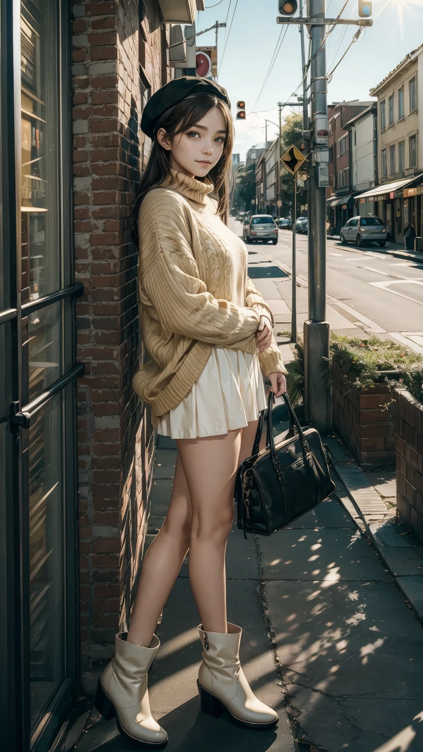 highest quality、masterpiece、ultra high resolution、A 23-year-old white woman with unparalleled beauty.、blue eyes、brunette、straight hair、Slender yet well-proportioned body、sunlight is shining from above、photorealistic images、8K quality、I don&#39;t want my head to disappear from the screen.、wearing a cream beret、wearing a turtleneck sweater、She is wearing a cream-colored long pleated skirt.、I&#39;m wearing short boots、I carry a handbag with both hands、leaning against the wall、looking sideways、Waiting、It&#39;s in the city、smile