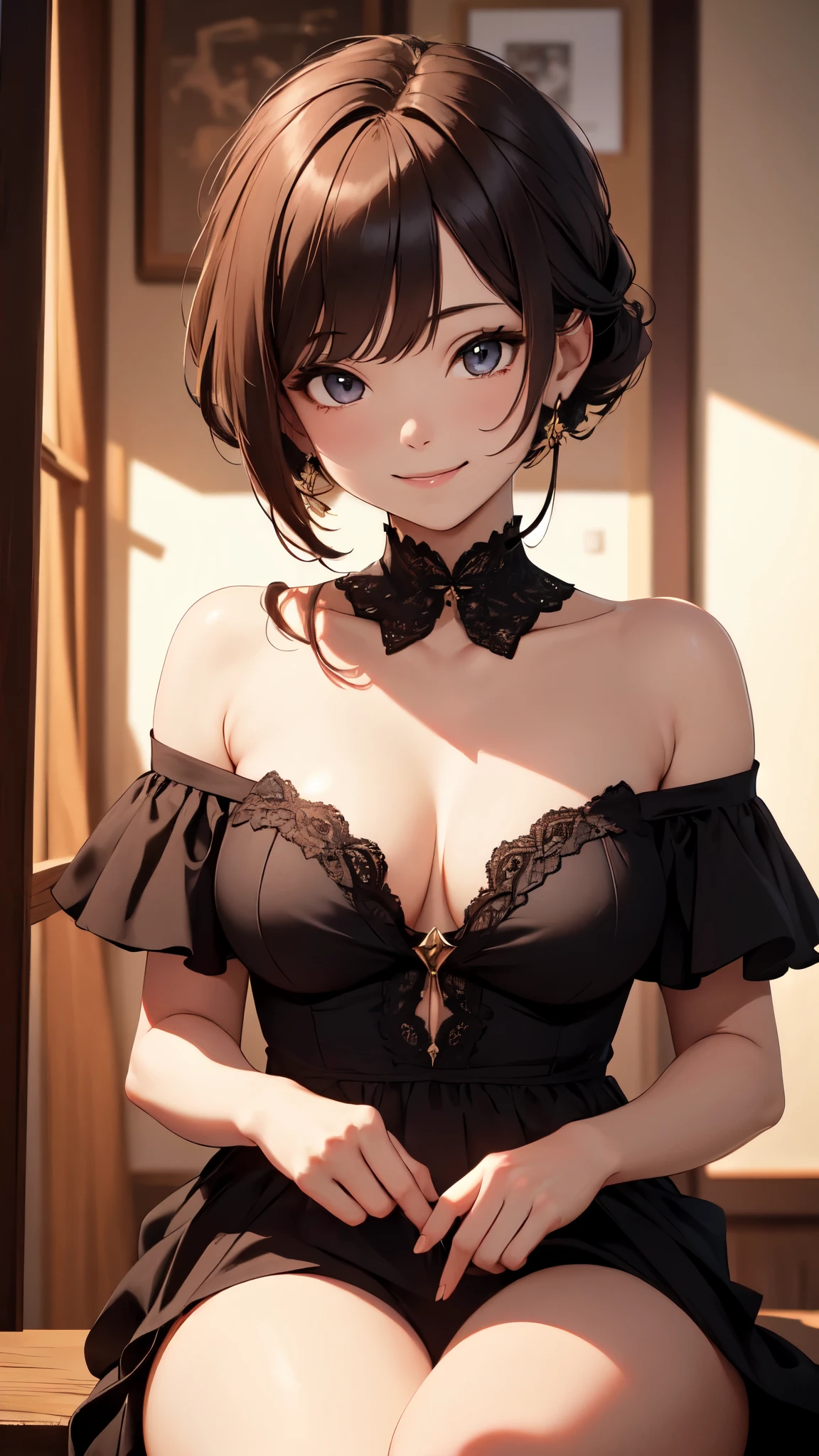 best quality, masterpiece, ultra high resolution, lifelike, 1 girl, Off the shoulders, Smile,