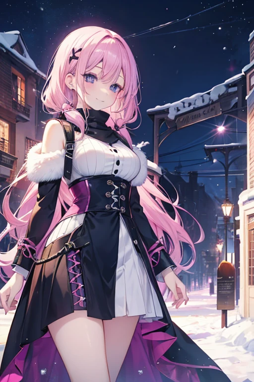 a pink haired woman with violet eyes with a hourglass figure is walking through a winter wonderlan