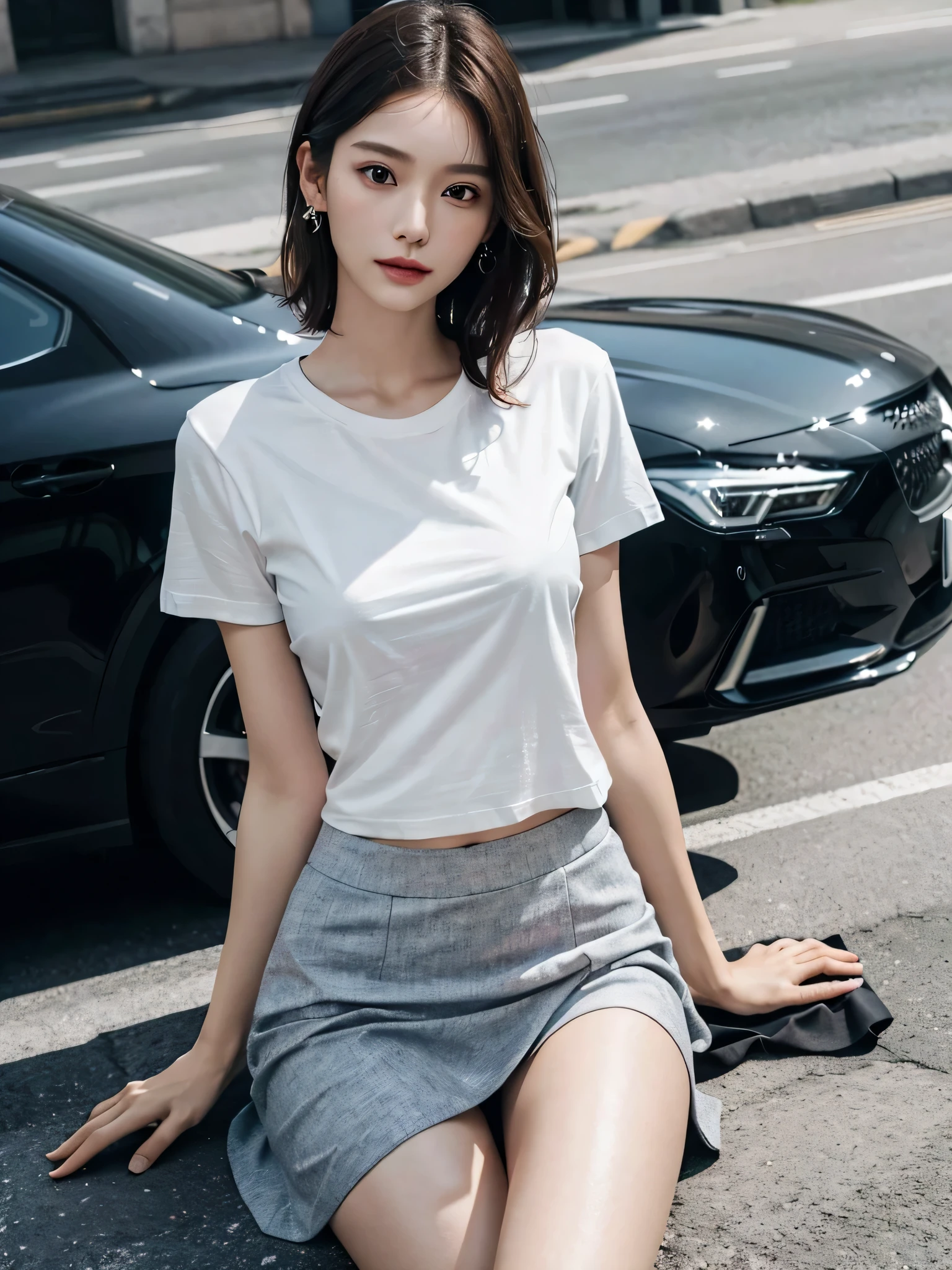 disorganized, RAW photo, very delicate and beautiful, masterpiece, highest quality, ultra high resolution, 16k, surreal, super detailed, perfect anatomy, super dense skin, perfect figure, Highly detailed CG 8k wallpaper, 20's, very slim body, (tight waist:1.2), very small head, very small face, delicate features, tearful mole, earrings, thin legs, (very huge round breasts:1.2), (full body shot:1.1), short middle hair, wavy hair, (barefoot:1.1), (suit:1.3), (cotton T-shirt:1.3), skirt,