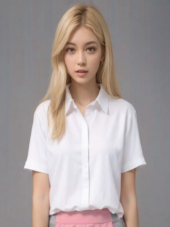 arafed blonde woman in a white shirt and pink skirt, fine white shirt, wearing white shirt, white shirt, clothed in white shirt, loose - fitting blouses, wearing a white shirt, white blouse, wearing a white blouse, wearing a blouse, white shirts, button - up shirt, white dress shirt, collared shirt, wearing a white button up shirt, smiling