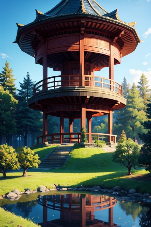Draw a pavilion in the park，There is a pond，There are trees, Ross Tran. landscape background, Octagon render 8k, background art, pagoda figures, 动漫background art, unreal engine ; Romantic themes, park background, background art品, 美丽的anime scenery, Beautiful fairy tale rendering, anime scenery, Beautiful landscape rendering, 3D virtual landscape painting