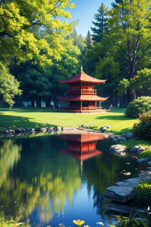 Draw a pavilion in the park,There is a pond,There are trees, Ross Tran. landscape background, Octagon render 8k, background art, pagoda figures, 动漫background art, unreal engine ; Romantic themes, park background, background art品, 美丽的anime scenery, Beautiful fairy tale rendering, anime scenery, Beautiful landscape rendering, 3D virtual landscape painting