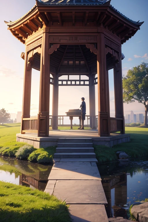 Draw a pavilion in the park，There is a pond，There are trees, Ross Tran. landscape background, Octagon render 8k, background art, pagoda figures, 动漫background art, unreal engine ; Romantic themes, park background, background art品, 美丽的anime scenery, Beautiful fairy tale rendering, anime scenery, Beautiful landscape rendering, 3D virtual landscape painting