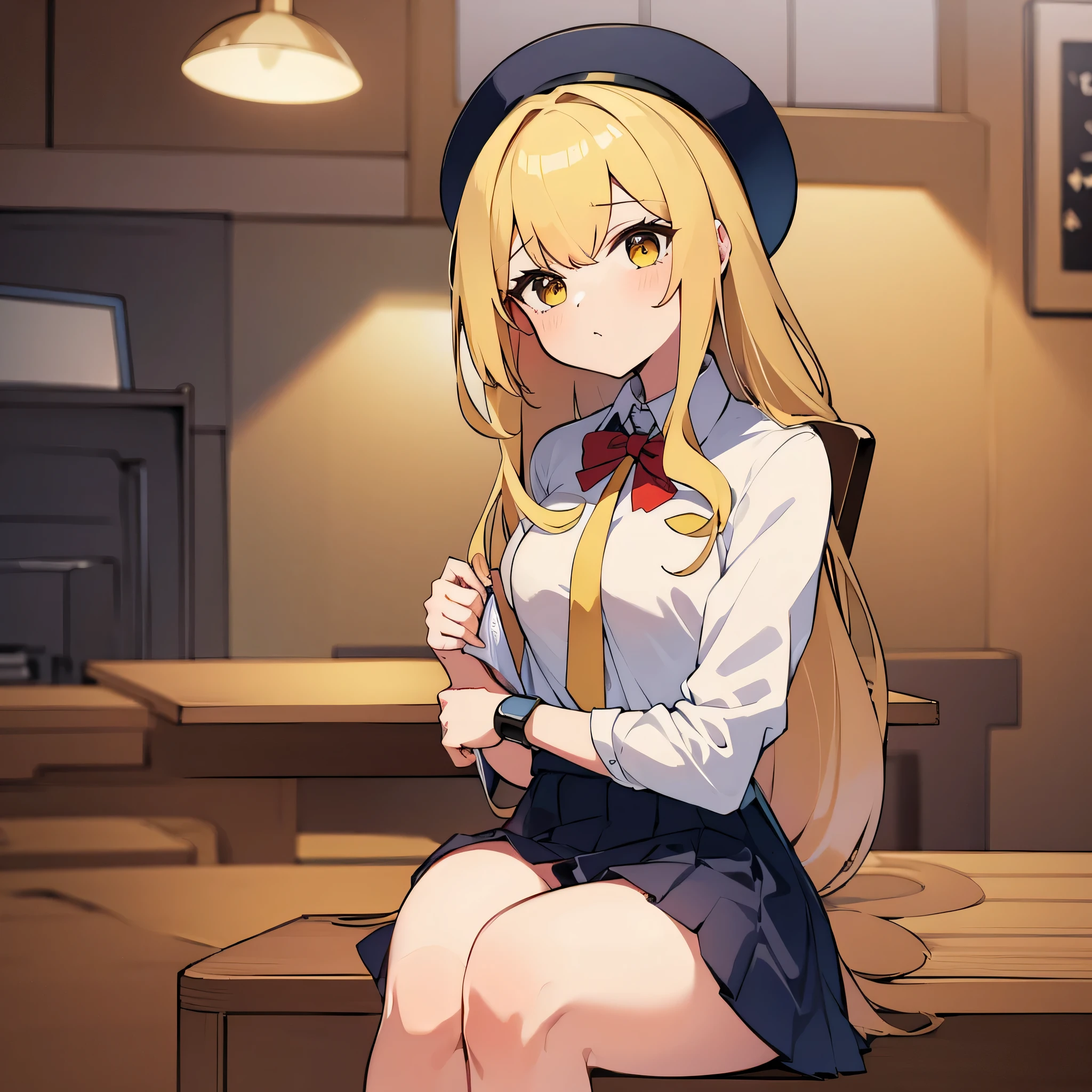 Draw a girl with natural yellow hair color., dressed in school uniform in the palace