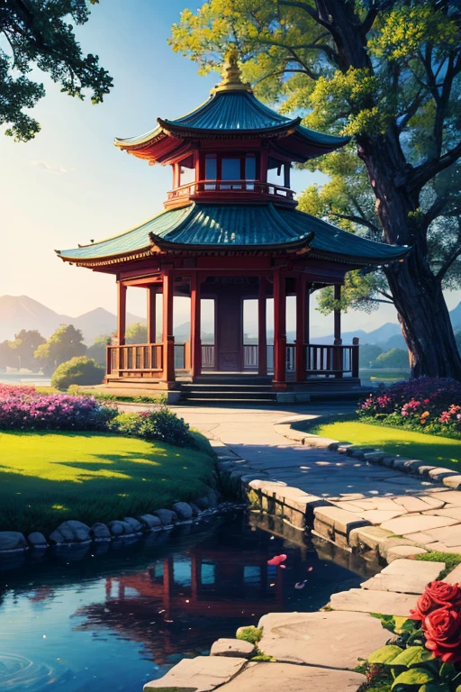 Art Nouveau and Delicate style painting, Chinese landscape architecture, spring landscape, lotus pond, clouds, fantasy, Guo Chao, vibrant colors, gradient fluorescent colors, picturesque, vector lines, intricate details, fine textures, Smooth lines, Ni Chuanjing style, bright light,