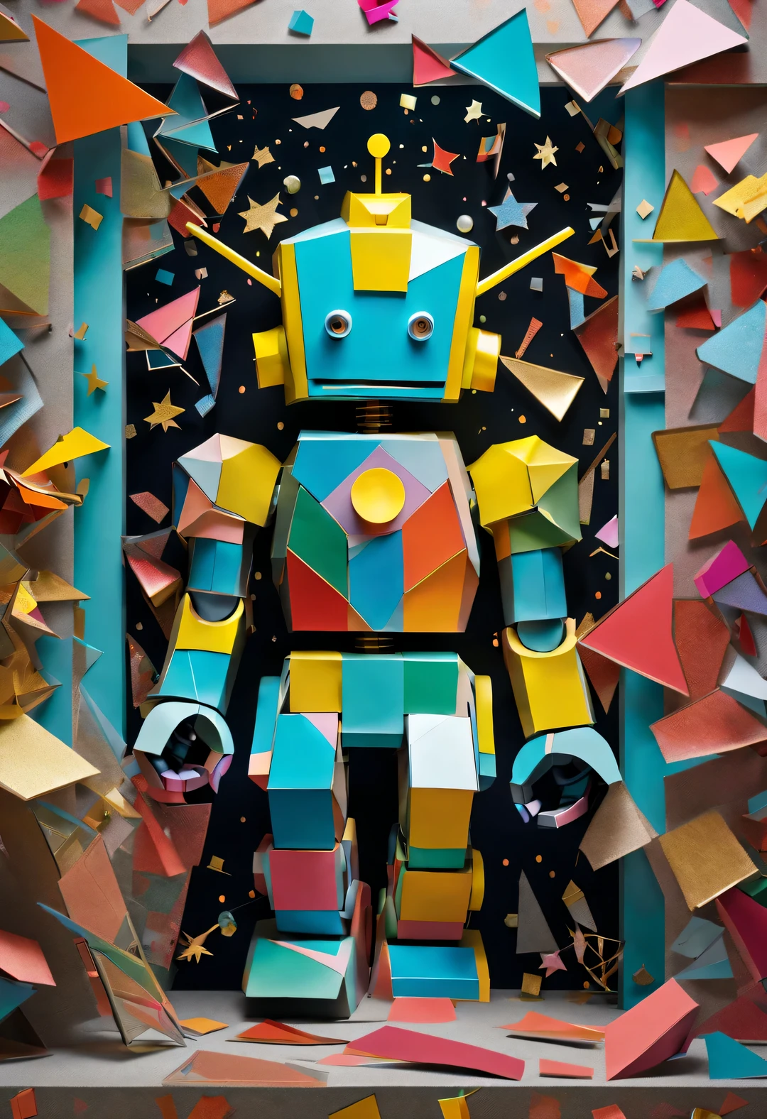 Half-body confetti robot invader bursts out of the wall, Cracked glass, fantasy, Science fiction, low polygon, Cubism and paper cutting were created by Charles and Ray Eames,Paper,Stylish photography style,star confetti,heart shaped confetti,gold ribbon confetti,