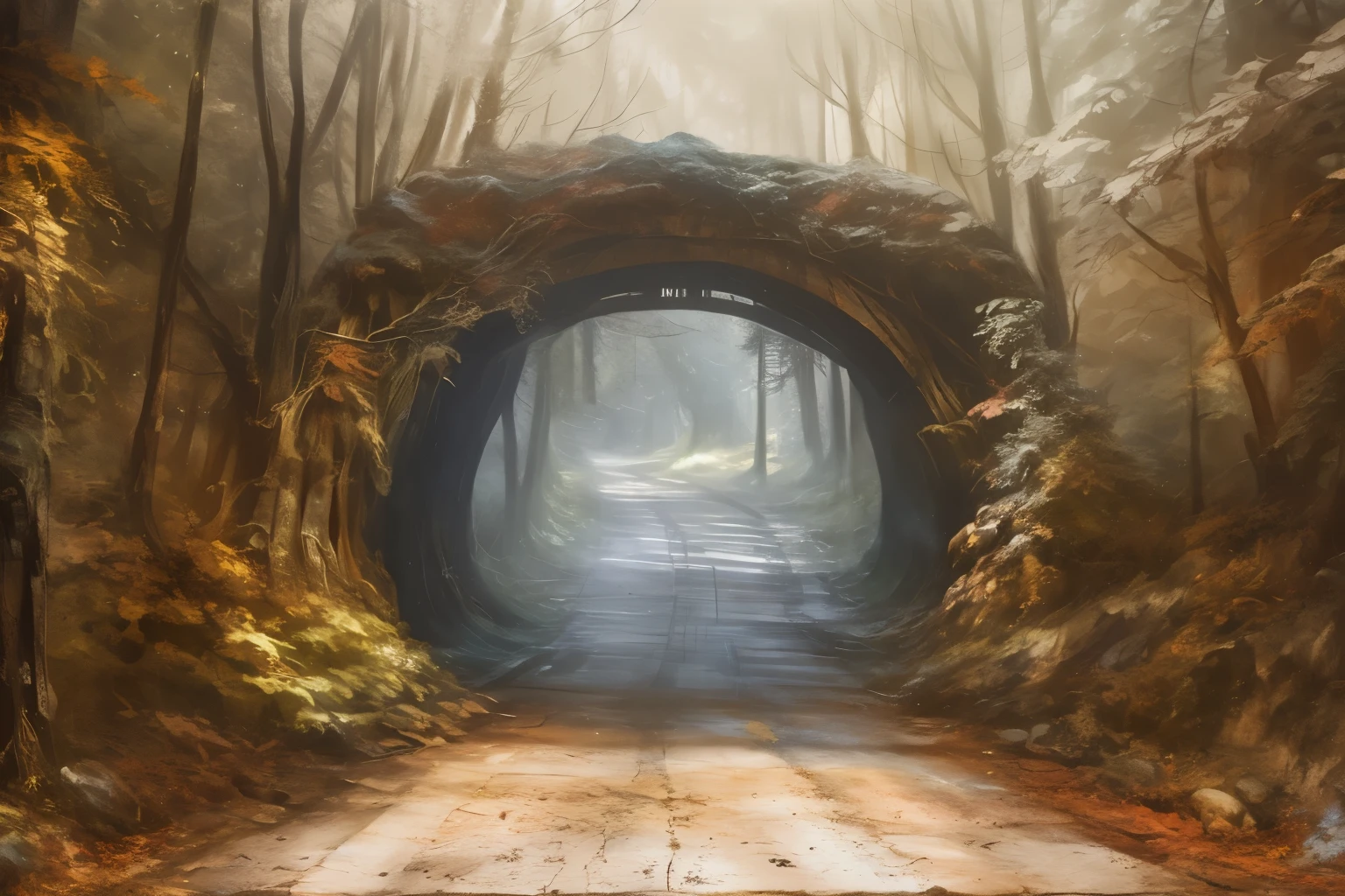 picture of a tunnel in the forest with a path through it, tunnel in winter, Forest portal, Wonderland Portal, Concept art oil painting, very detailed digital painting, matte digital painting, Portal to another world, HDR Digital Painting, digital painting highly detailed, digital painting highly detailed, highly detailed digital painting, digital painting concept art, Fantasy digital painting, concept piece