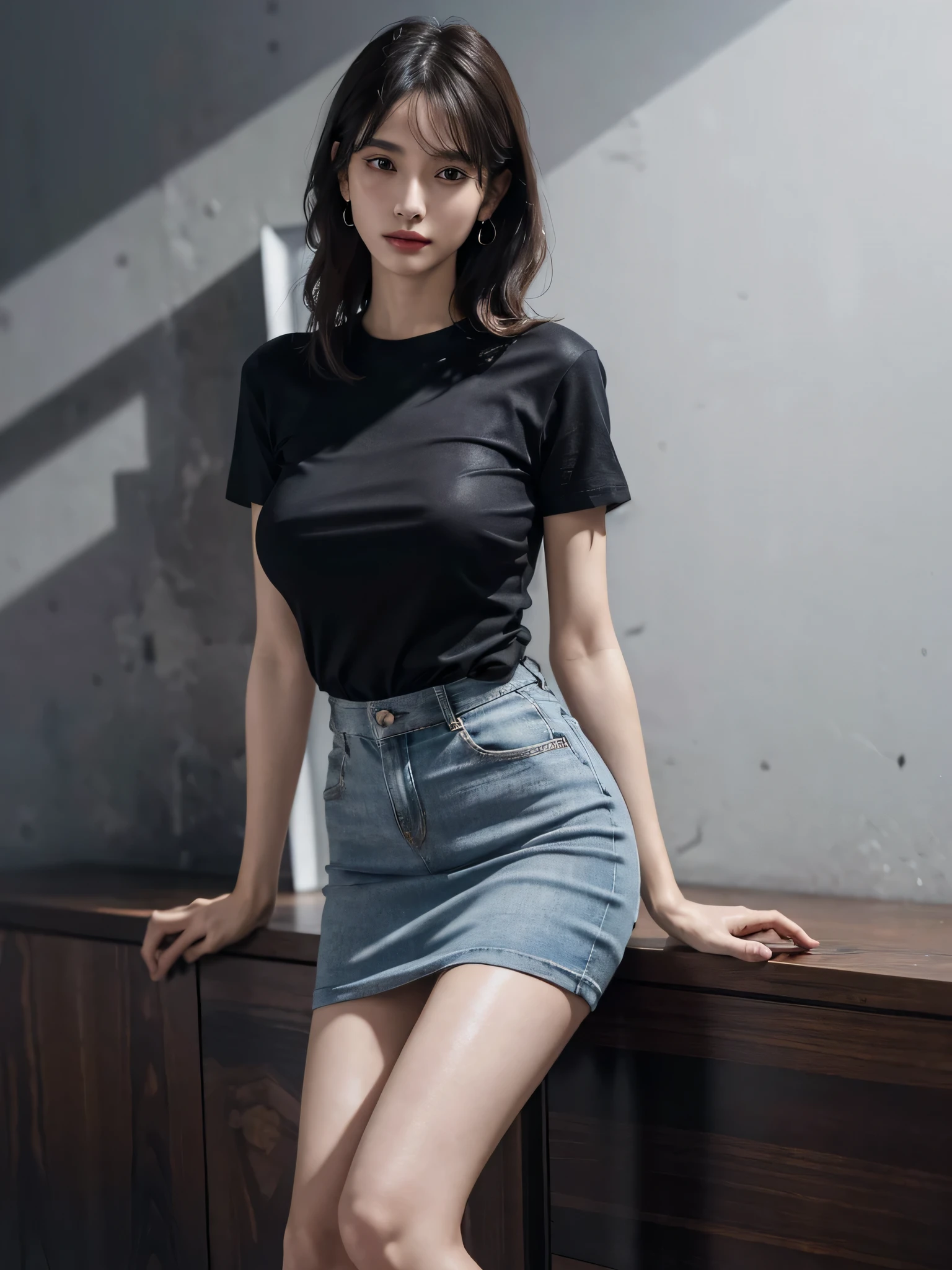 disorganized, RAW photo, very delicate and beautiful, masterpiece, highest quality, ultra high resolution, 16k, surreal, super detailed, perfect anatomy, super dense skin, perfect figure, Highly detailed CG 8k wallpaper, 20's, very slim body, (tight waist:1.2), very small head, very small face, delicate features, tearful mole, earrings, thin legs, (very huge round breasts:1.2), (full body shot:1.1), short middle hair, wavy hair, (barefoot:1.1), (T-shirt:1.3), skirt,