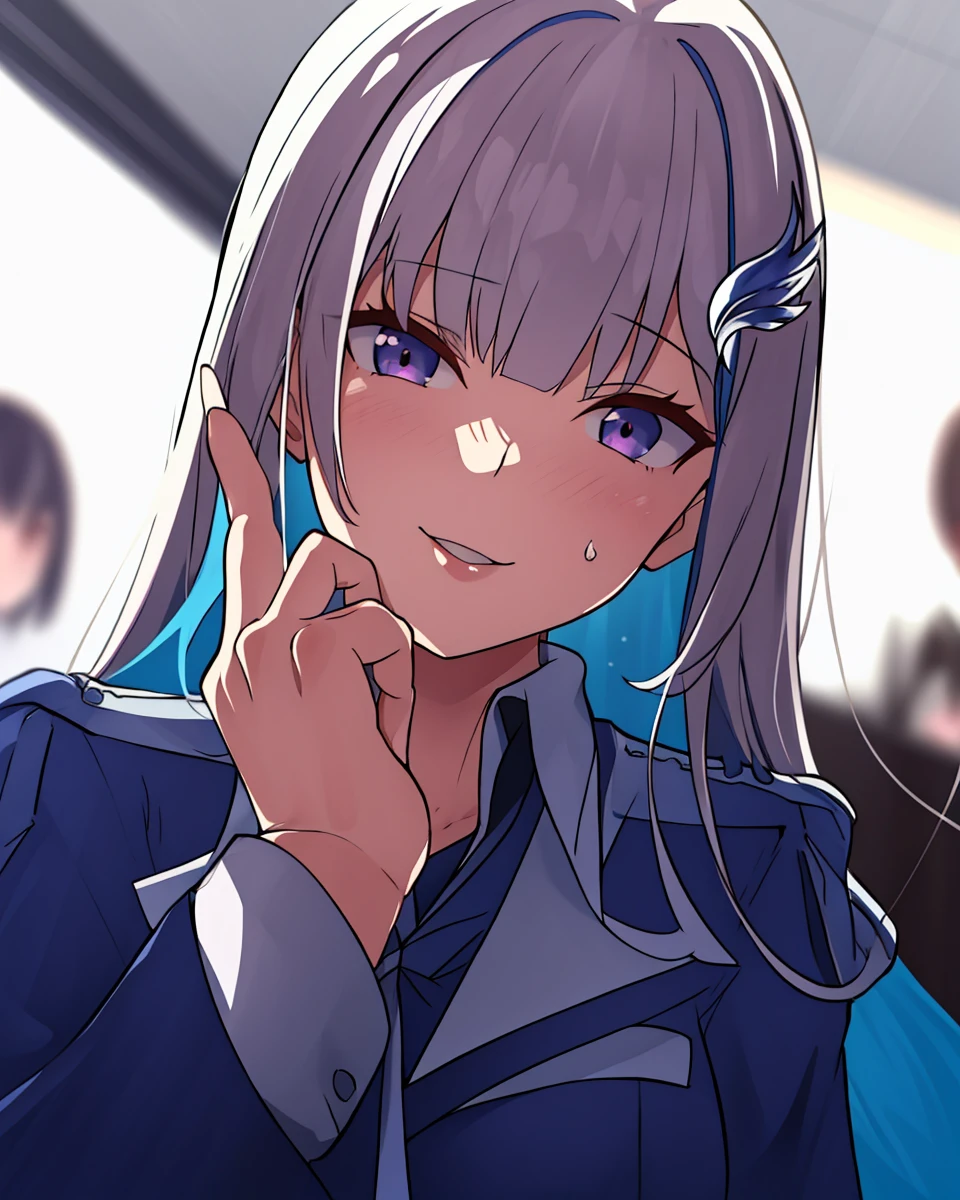 masterpiece, highest quality,highest resolution, 1 girl,whole body, anime,2d,school uniform, alone, military rise,Lize Helesta,blush,extend one hand here,detailed fingers,detailed hands,Non-unnatural hands,Non-unnatural fingers,shy smile,school classroom,detailed background,detailed eyes,detailed lips,detailed face,detailed clothes