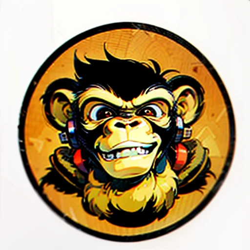 a close up of a monkey face with headphones, (wearing headphones upside down), under the neck, (in style of clay), inspired by Alex Petruk APe, monkey punch, monkey, bored ape, face like monkey, monkeys, in style of monkeybone, in style of primal apes, ape, orange head