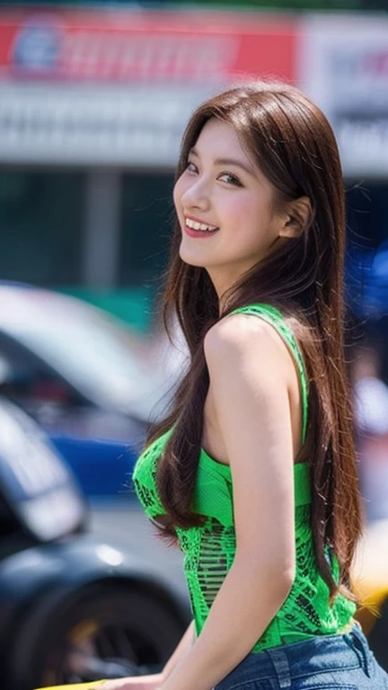 Highly detailed CG Unity 8K wallpaper, highest quality, Super detailed, masterpiece, realistic, photo realistic, Highly detailed cute girl, 25 years old, (whole bodyからつま先まで:1.4)、(whole body)、(whole body to toes)、(shot from the side)、(sitting on the hood of a car)、(lace queen)、(sexy pose),(model pose)、(big breasts)、(big ass)、(smile at the camera)、
(Sponsored and wearing grid girl costume'logo is printed.:1.3), (shorts) , (sitting in a motorsport race), (cleavage), smile ,whole bodyショット ,(Side view)、(side shot)、(smile at the camera)、