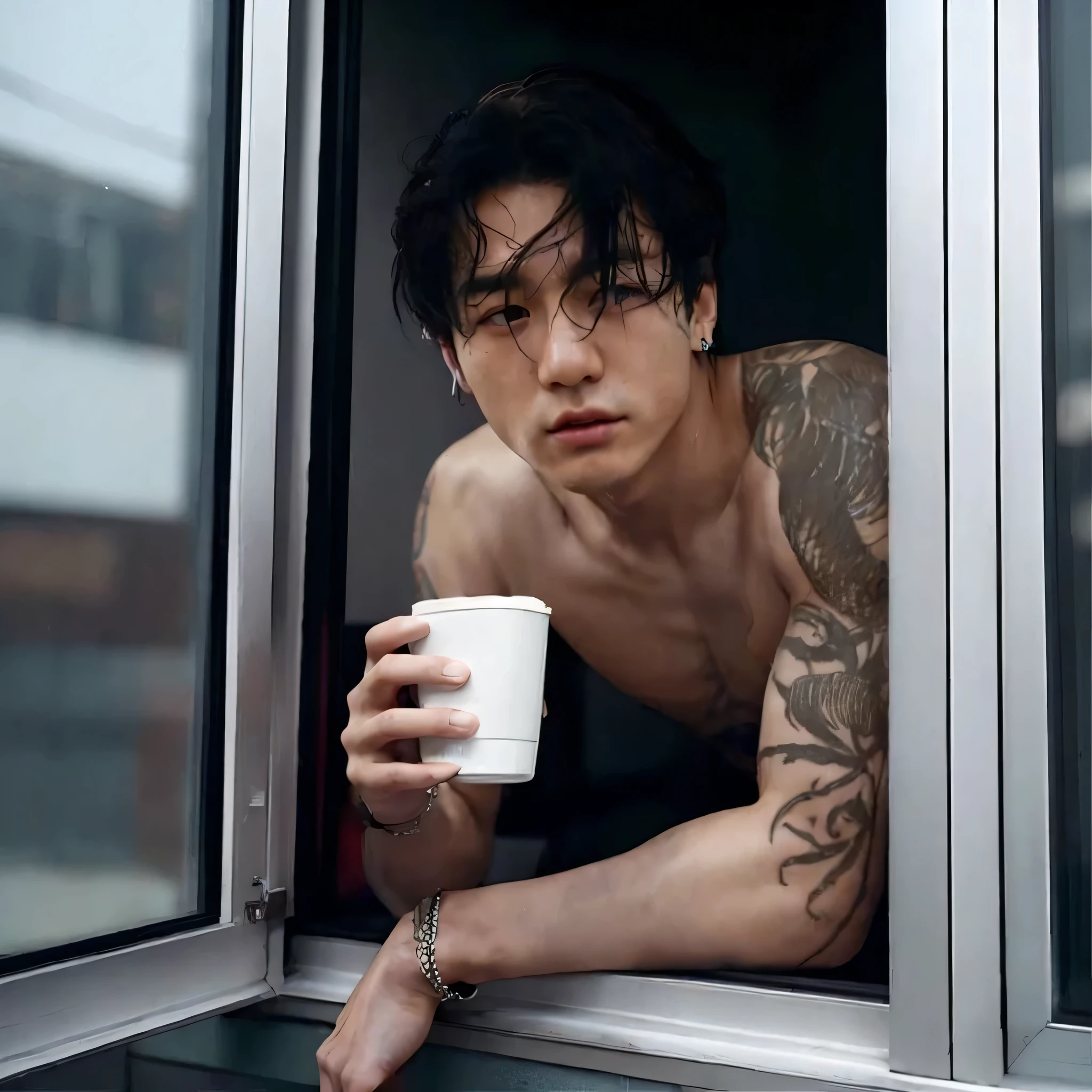 O membro coreano do BTS, Jungkook Jeon, drinking coffee with clothes on the windowsill, serious face and loaded expression, cabelo notoriamente castanho, marrom, coreano em roupa e com tatuagens, Jungkook inspiration. maximum quality